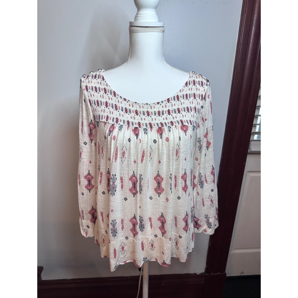 Lucky Brand Pink Grey Ikat Boho Peasant Blouse Shoulder Buttons Small
